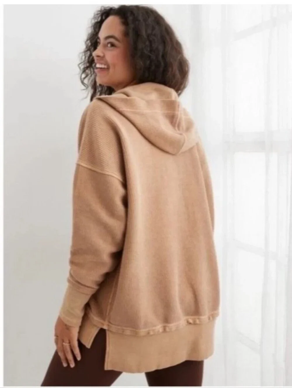 Aerie Ribbed Henley Pullover Hoodie XL Tan Sweatshirt Oversized Loungewear Boho